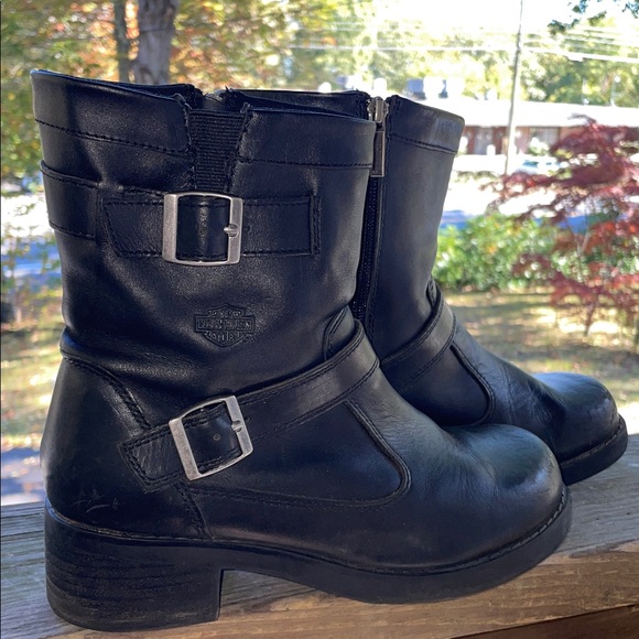 Harley Davidson Black Leather Ankle Boots with Buckles - Picture 1 of 2